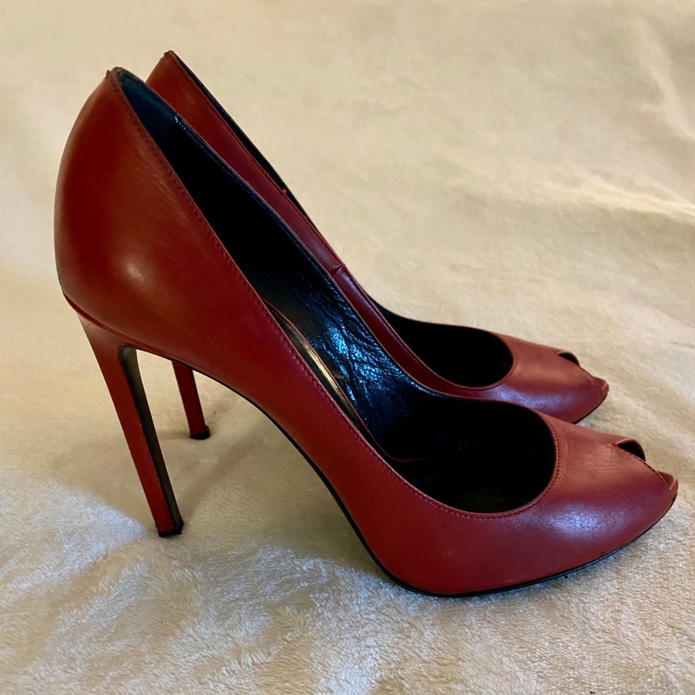 Saint Laurent Paris 105 Red Leather Peep Toe Pumps